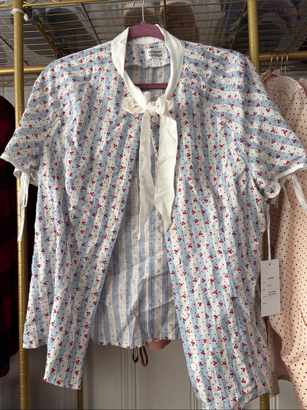 Unique Vintage Light Blue Cherry Print Short Sleeve Shirt with White Tie